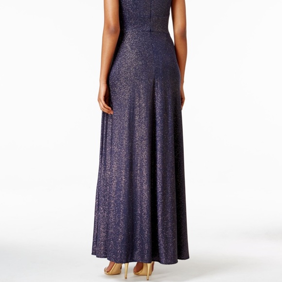 Women’s Formal Dress Size 16 Navy Glitter Shimmer Cap Sleeve Cowl Neck TAHARI - Picture 4 of 8